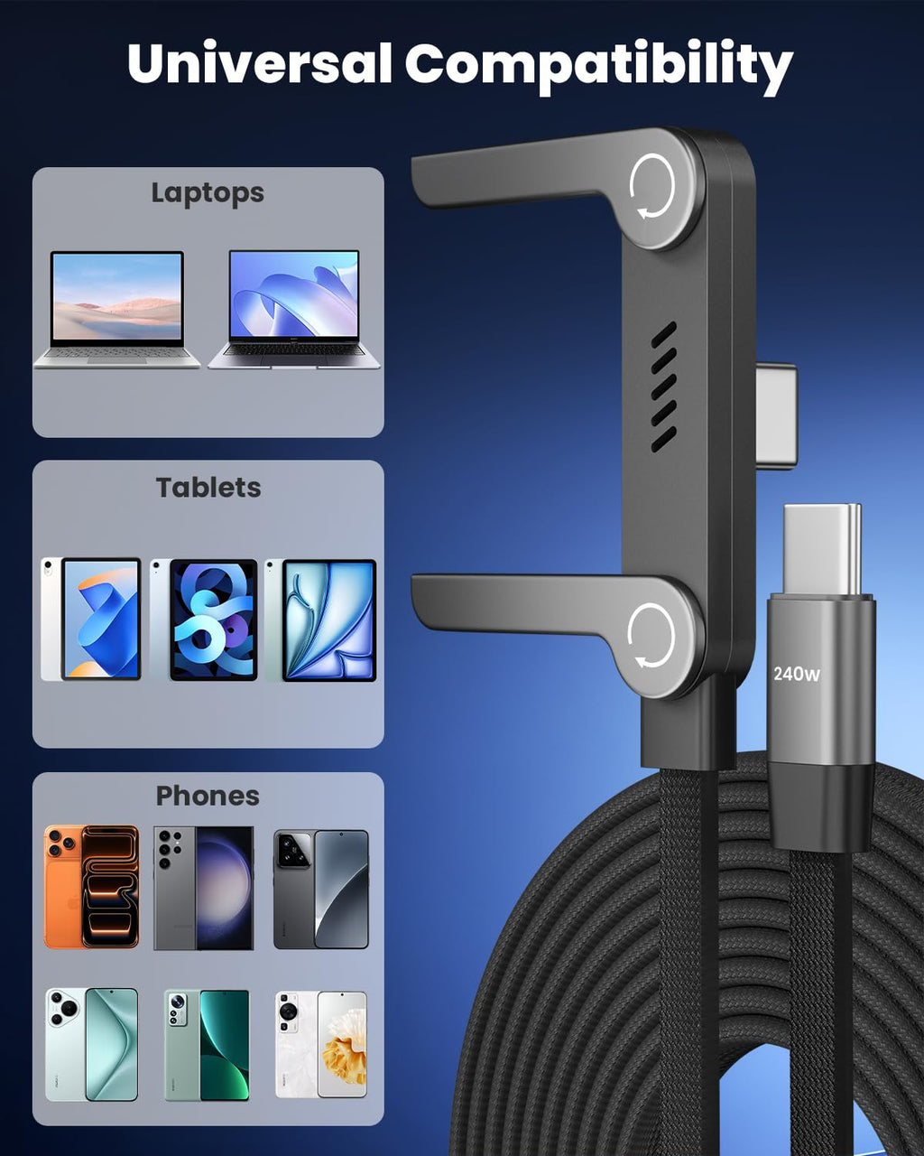 240W USB C to USB C Cable with Built-in Phone Stand, 4.9FT Sideways Phone Charger, T-Shaped 90 Degree Right Angle USB C Cable, 2 in 1 Invisible Holder Charger Cable with stand for iPhone MacBook iPad