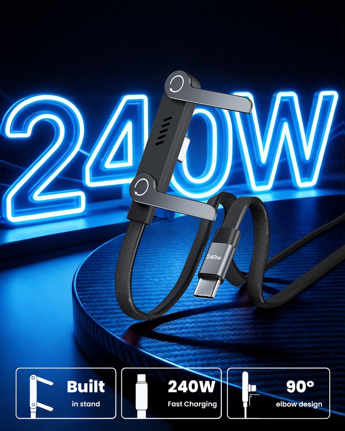 240W USB C to USB C Cable with Built-in Phone Stand, 4.9FT Sideways Phone Charger, T-Shaped 90 Degree Right Angle USB C Cable, 2 in 1 Invisible Holder Charger Cable with stand for iPhone MacBook iPad