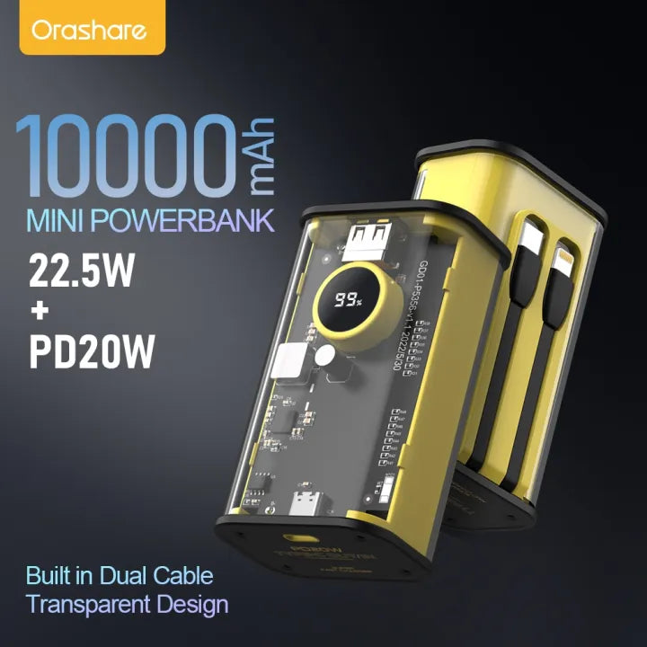Orashare OT10CL Powerbank Built-in Cable 10000mAh Digital Display Transparent Mini